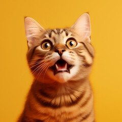 Surprised cat on a plain yellow background