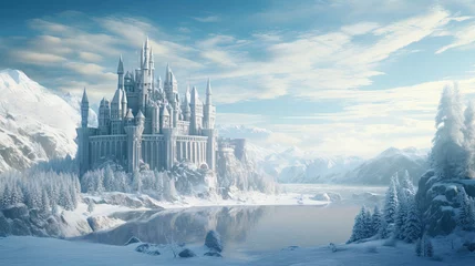 Poster Majestic castle in the distance, epic fantasy snow scenery, landscape photography,  illustration © EchoStudios