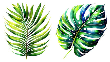 Watercolor art of tropical foliage, leaves, palm leaf. AI Generative