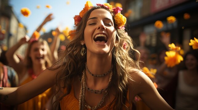 The religious movement of Hari Krishna and Hare Krishnas with songs and dances walk along the streets of the city, a garland of flowers on a woman and men. Concept: Hindu mantra among passers-by.
