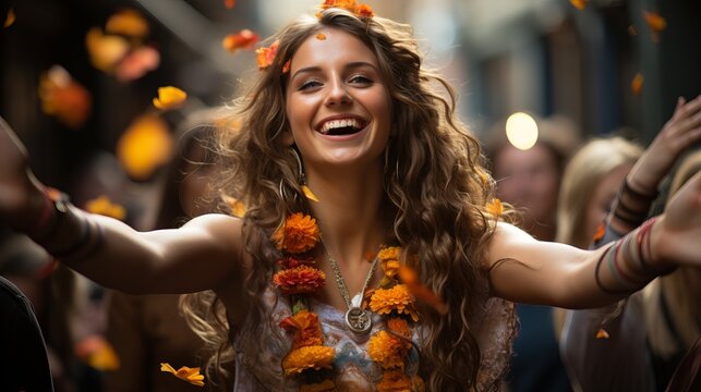 The religious movement of Hari Krishna and Hare Krishnas with songs and dances walk along the streets of the city, a garland of flowers on a woman and men. Concept: Hindu mantra among passers-by.
