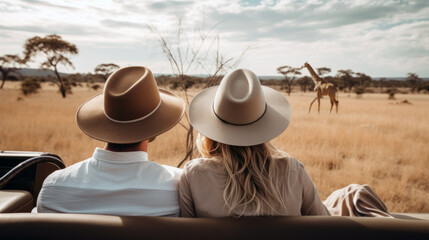 Back view of couple on vacation, Jeep safari ride to discover the wildlife animals , giraffe in the background  - obrazy, fototapety, plakaty