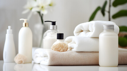 Obraz na płótnie Canvas Toiletries soap towel creams and lotions