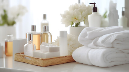 Fototapeta na wymiar Toiletries soap towel creams and lotions