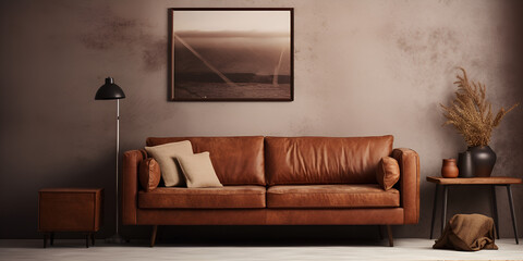 Home interior mock-up with brown leather sofa table .
