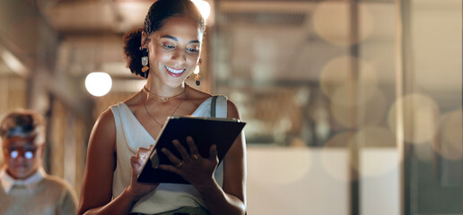 Tablet, team and black woman in office walking to business meeting doing research, online and using...