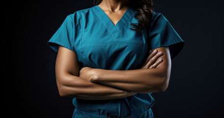  professional female nurse in blue dress with the back of her arms crossed