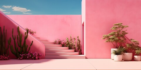 AI Generated. AI Generative. Pink wall botanical flowers plant architecture. Luxury cozy minimal vibe  Can me used like mock up background promotion material