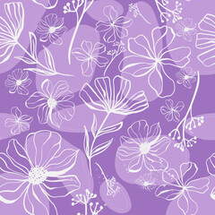 Doodle flowers seamless pattern for paper or textile. Light outline drawings of abstract flowers. Hand drawn, vector. Design botanical drawing layout for wallpaper, fabric, packaging