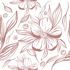 Doodle flowers seamless texture for paper or textile.Single color contour drawings  of abstract flowers. Hand drawn, vector. Design botanical drawing layout for wallpaper, fabric, packaging