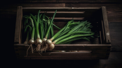 Black crate with green spring onions on wooden table, top view.