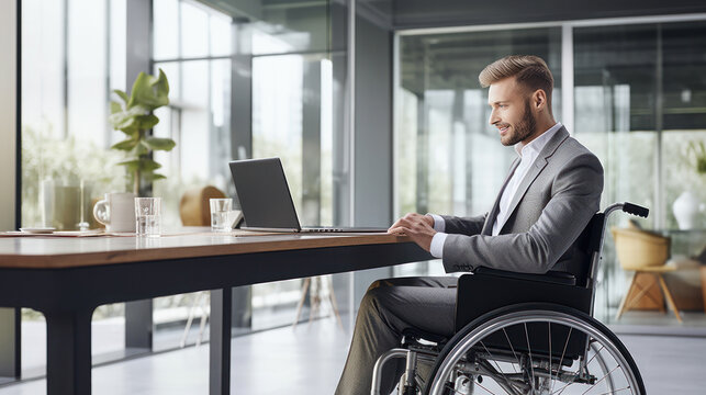 Businessman on the wheelchair working on the laptop in the modern white office