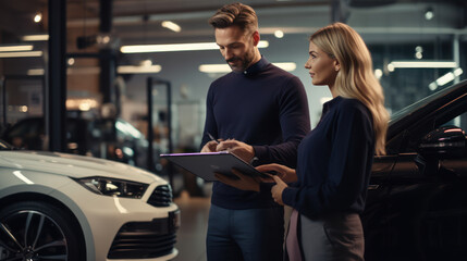 Beautiful woman Caucasian shop assistant showing explaining to a man handsome client customer car options information - obrazy, fototapety, plakaty