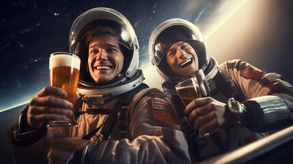 male and friend in space suits happily freedom holding craft beer bottle cheer on the moon