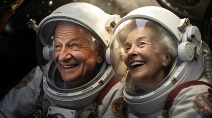 Senior couple in space suits smiling happily in sky and star - obrazy, fototapety, plakaty