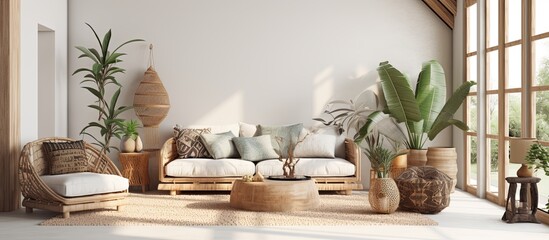 stylish scandinavian living room natural decorating material and color scheme with daylight home interior design background concept living room design mockup with warm comfort and cosy,ai generate © VERTEX SPACE