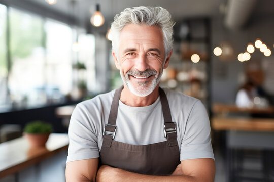 Attractive middle-aged man, owner of a small business, smiling and looking at the camera, lifestyle portrait