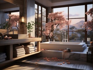 3d bathroom interior with big window, bathtub and flower