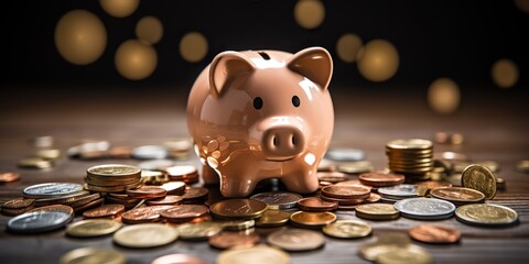 AI Generated. AI Generative. Piggy pig bank coins saving cash money deposit financial element. Graphic Art - obrazy, fototapety, plakaty