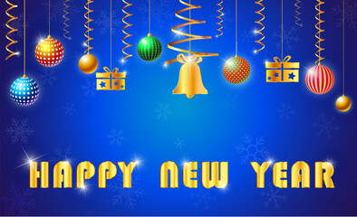 greeting card for happy new year, colorful glossy ball with ribbon, and gift on blue background for decoration merry christmas and countdown to new year festival