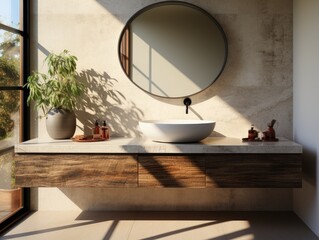 washbasin with round mirror and wooden cabinet with big window modern, minimal design
