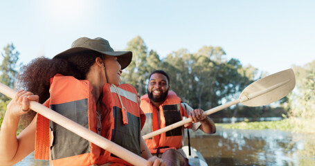 Couple, kayak and boat on lake outdoor for sports adventure or nature travel trip. Young man and...