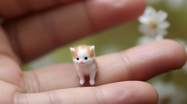Cute cat figurine on human hand. Selective focus.