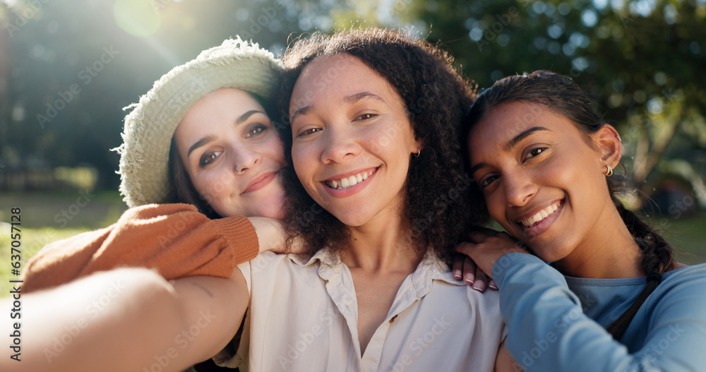 Sticker Selfie of group of women, camping and nature for summer vacation with smile, trees and sunshine. Relax, portrait of happy friends in forest on camp holiday with friendship, diversity and outdoor time