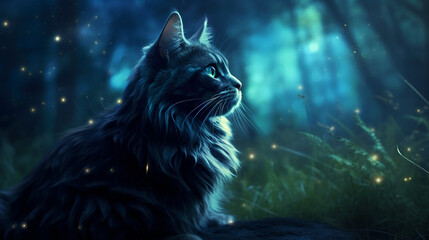 Fantasy portrait of a long haired cat on a dark background.