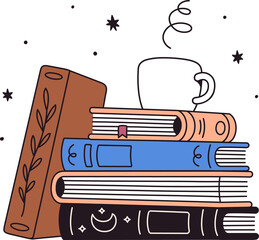 Stack of books and cup of coffee drawing