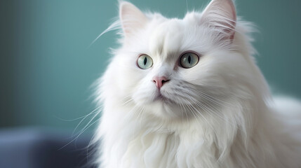 White persian cat with green eyes close-up on a green background