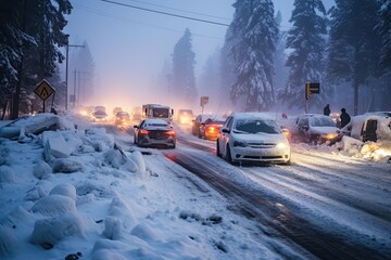 A sudden snowstorm in Tahoe causes chaos on the roads. - obrazy, fototapety, plakaty