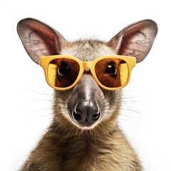 close-up of Aardvark with sunglasses on white background