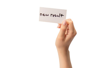 New mindset - new result  text on a card in a woman hand.