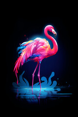 Pink glowing flamingo standing in water with glowing water on it, vibrant illustration, neon color palette.