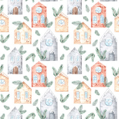 Hand painted watercolor seamless pattern with cute different houses and spruce branches.Winter new year christmas scandinavian background.