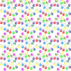 Hand drawn seamless pattern with lots of multicolored christmas tree balls for decoration x-mas and new year cards, invitations, web design. Aquarelle garland illustration on white background.