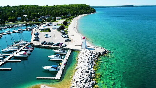 Drone shot of light house, Lion's Head, Bruce Peninsula, Bruce County, Ontario, Canada