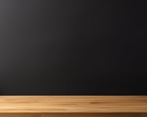Blank wooden tabletop on blackboard wall background, mockup and display for kitchen and restaurant