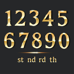 Luxury Golden Numbers Elegant Realistic Shiny with Shadow, Serif Font Characters, Isolated Vector