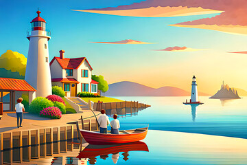 Design a coastal cartoon village landscape background with quaint houses and a bustling harbor. Include fishing boats, seagulls, and a beautiful lighthouse overlooking the sea