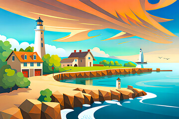 Design a coastal cartoon village landscape background with quaint houses and a bustling harbor. Include fishing boats, seagulls, and a beautiful lighthouse overlooking the sea
