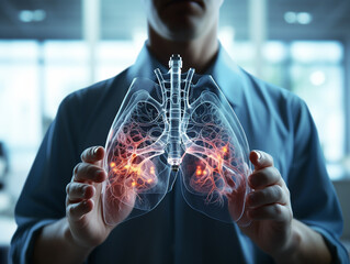 Diseases of the lungs in the picture in the hands of a doctor, pneumonia, cough, tuberculosis. AI generated
