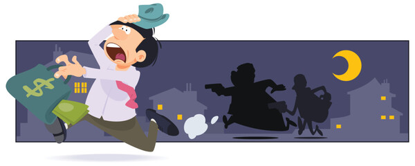 Robbers are chasing businessman with money. Illustration for internet and mobile website.
