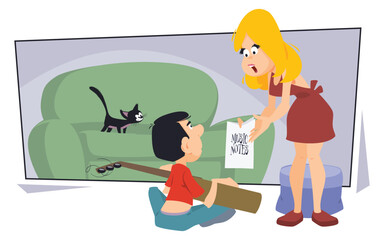 Girl scolds guy with guitar. Illustration for internet and mobile website.