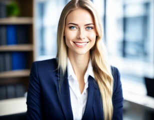 Fototapeta premium Happy successful business woman in suit smiling at work in the office