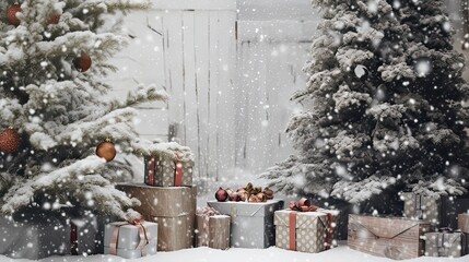 New Year's gifts lie under a fir-tree, in the winter on the street, on snow