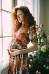 portrait of a pregnant woman/model/mother during pregnancy holding belly in a fashion/beauty editorial magazine style film photography look - generative ai art