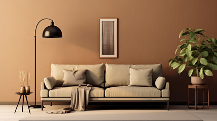 Retro room with couch, coffee table, floor lamp, olive tree and mock up picture