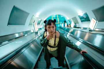 Portrait of an Asian young woman on the escalator in the subway. 